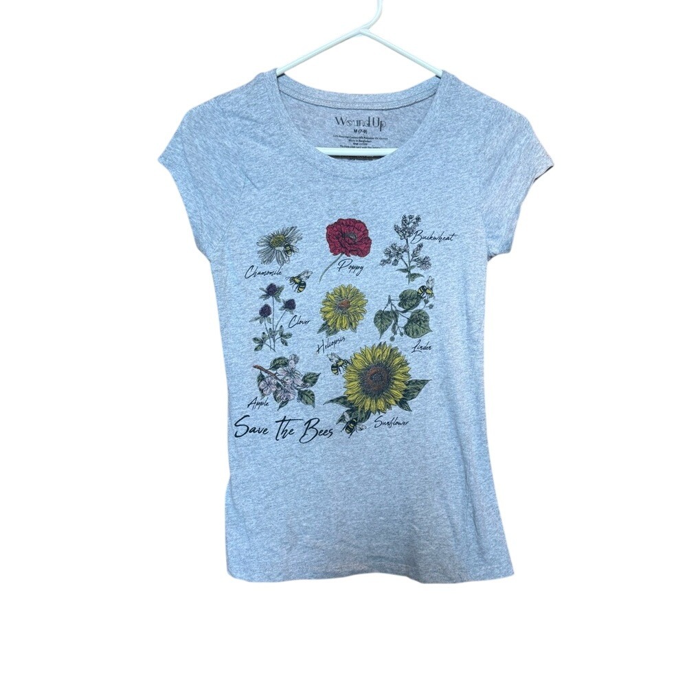 Wound Up Kids Girls Save The Bees Flower Graphic Tee Shirt Gray Size M 7-9